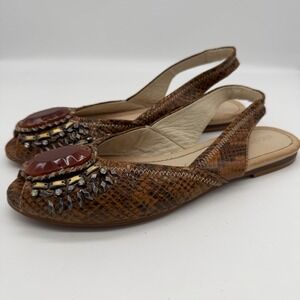 Nicole Honored Brown Snakeskin Jeweled Peep Toe Slingback Flat Sandals 8.5M
